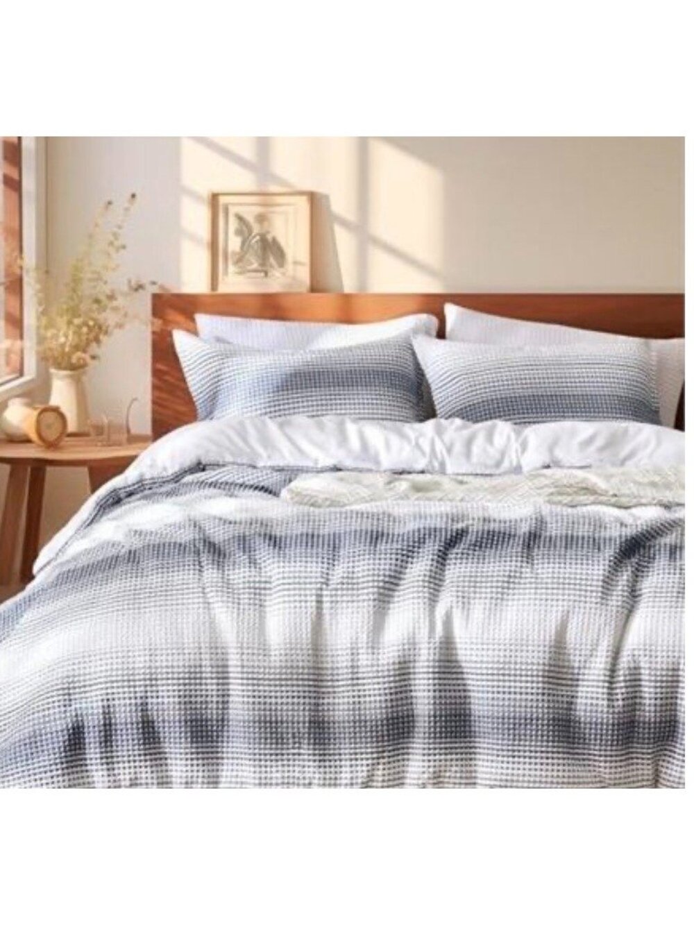 Waffle Weave Queen Duvet Cover Set Gray Ombre Stripe Soft Cotton Blend With 2 Pi